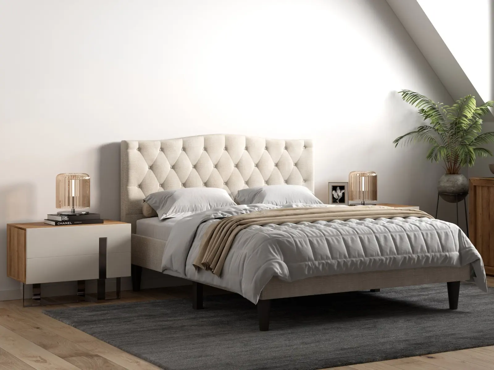 Beige double bed with grey sheets