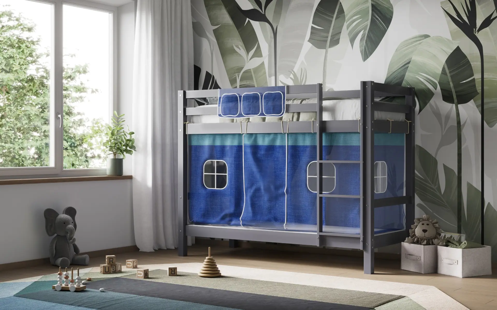 Grey shorty bunk bed with blue curtain around bottom bunk