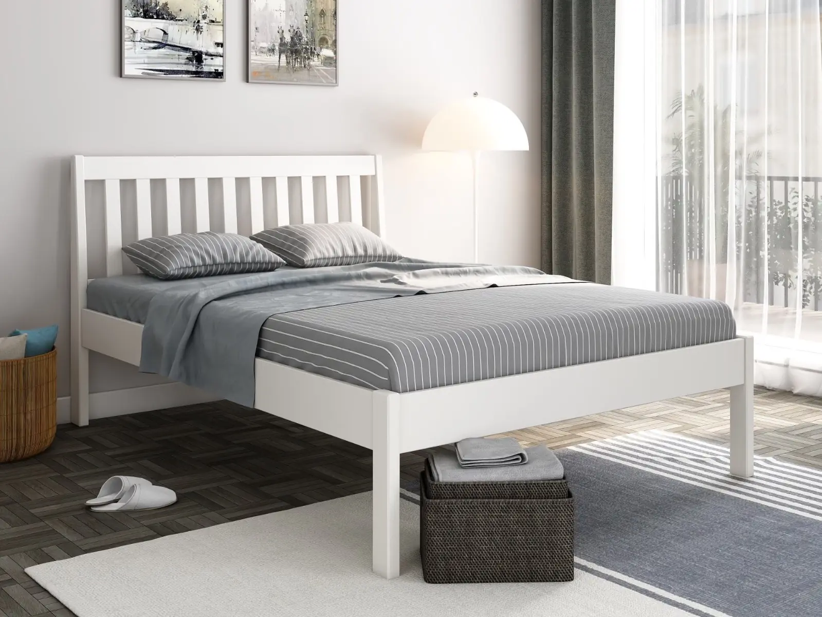 White wooden bed with grey sheets