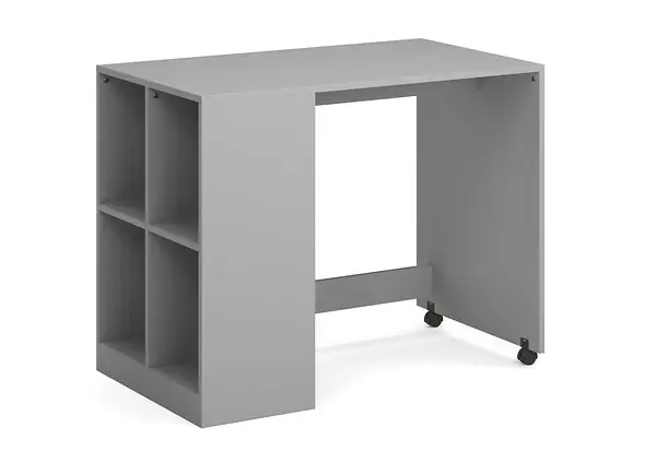 Modern white pull out kids desk with four storage compartments. Shown with the Kidsaw Coast midsleeper.