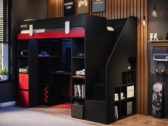 Recoil Blaze Staircase Gaming High Sleeper with Storage Black & Red