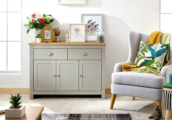 GFW Lancaster Large Sideboard traditional style with 3 doors 2 drawers a wood effect top and chrome handles available in slate blue grey and cream
