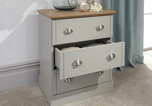 GFW Kendal 3 Drawer Chest traditional style with chrome cup handles and oak top available in grey or slate blue