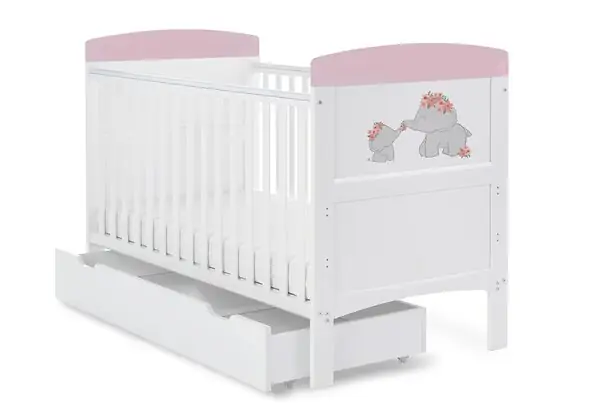 Obaby Grace Inspire Cot Bed & Under Drawer - Me & Mini Me Elephants - Pink

