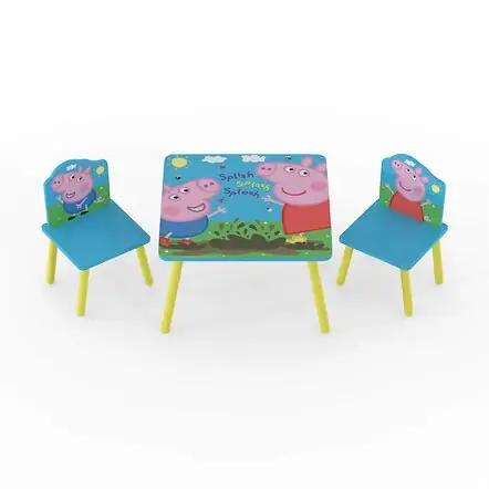 Brightly coloured Peppa Pig table and 2 chair set. Featuring Peppa Pig and George splashing in the mud.