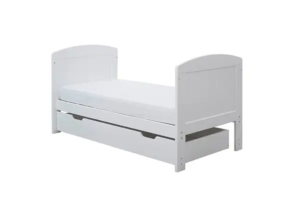 Ickle Bubba Coleby Mini Cot Bed and Under Drawer white finish classic style slatted base solid end panels suitable from birth to approx 4 years