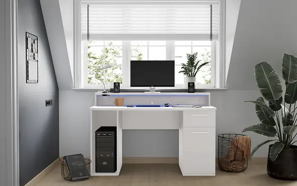 Flair Power Z Compact Computer Gaming Desk White With Colour Changing LED Lights