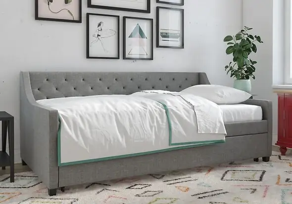 Novogratz Her Majesty Linen Daybed and Trundle mid century design, wooden frame linen fabric wooden frame