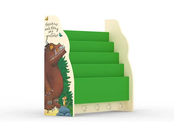 Children's brightly coloured Gruffalo themed sling bookcase. Images of the Gruffalo and mouse on the sides. 4 Bright green book sleeves