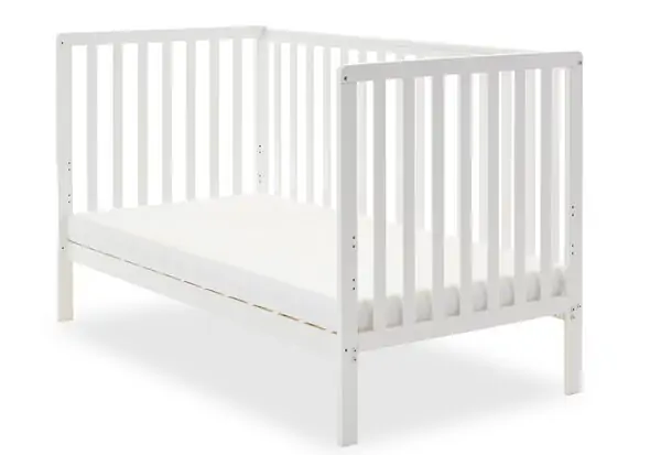 White wooden cot bed with open slat design and teething rails.