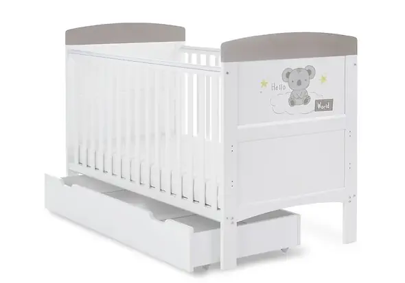 Obaby Grace Inspire Cot Bed & Under Drawer - Hello World Koala Grey
