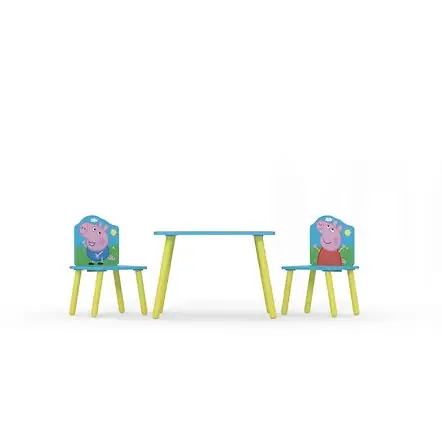 Brightly coloured Peppa Pig table and 2 chair set. Featuring Peppa Pig and George splashing in the mud.