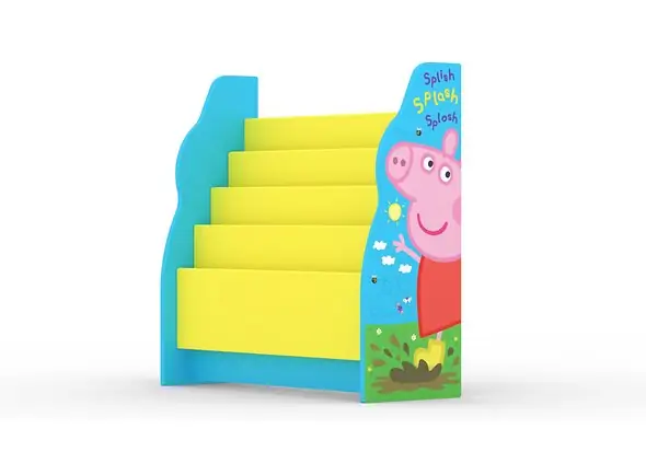 A brightly coloured Peppa Pig children's bookcase. With colourful graphics of Peppa splashing in the mud. 4 book sleeves in bright yellow