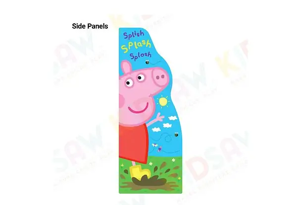 A brightly coloured Peppa Pig children's bookcase. With colourful graphics of Peppa splashing in the mud. 4 book sleeves in bright yellow