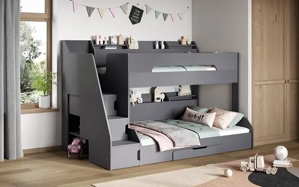 Flair Slick Staircase Triple Bunk Bed Grey With Shelves
