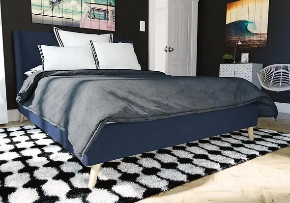 Novogratz Her Majesty Linen Bed Frame available in double and king sizes and green blue grey and pink linen upholstery