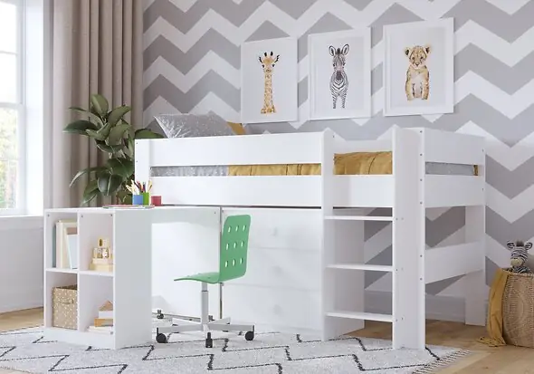 Modern white pull out kids desk with four storage compartments. Shown with the Kidsaw Coast midsleeper.