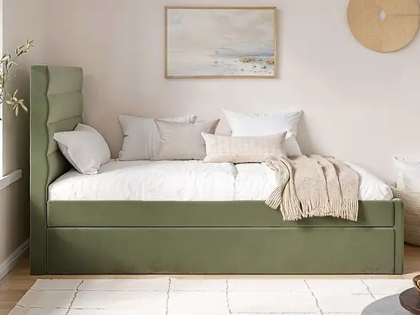 Flair Ari Upholstered Single Bed With Trundle Olive Green Velvet