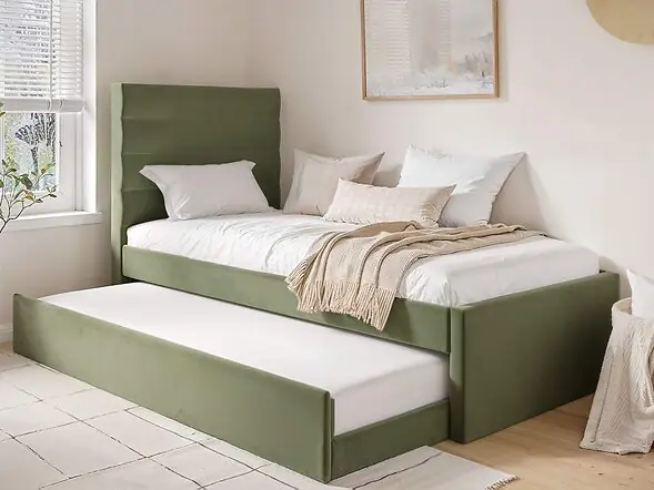Flair Ari Upholstered Single Bed With Trundle Olive Green Velvet