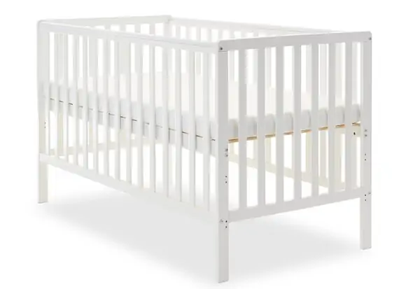 White wooden cot bed with open slat design and teething rails.