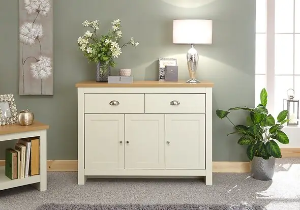 GFW Lancaster Large Sideboard traditional style with 3 doors 2 drawers a wood effect top and chrome handles available in slate blue grey and cream