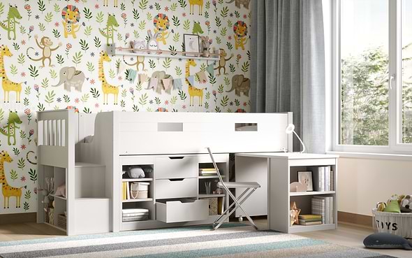 Flair White Charlie Mid Sleeper Set With Storage And Desk
