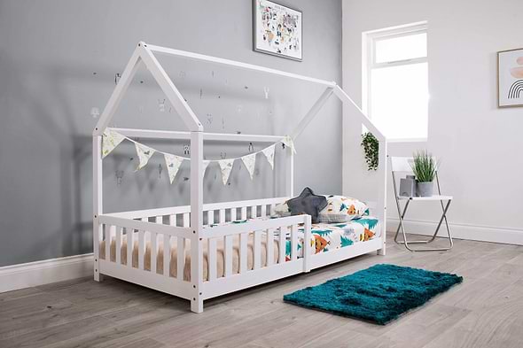 White wooden Explorer Playhouse children or toddlers bed, Low to the ground.