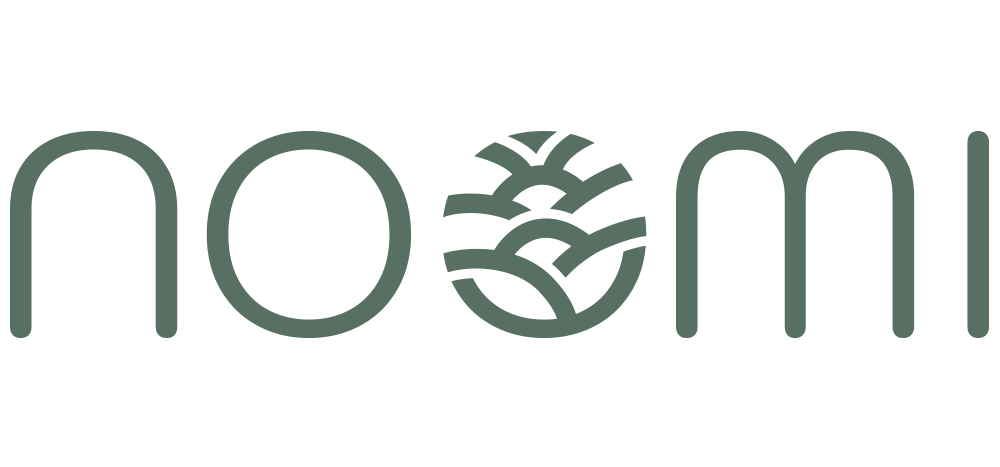 Logo with the stylized word Noomi in teal, featuring connected os and a sun-like emblem.