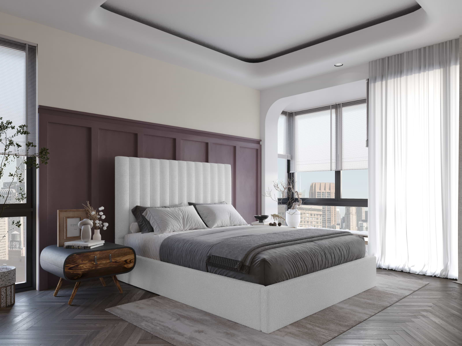 Cream double bed with grey bedsheets