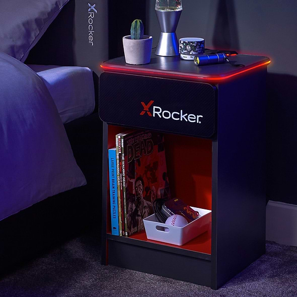 X Rocker Carbon-Tek Bedside Table with Wireless Charging and LED Lights - Grey / Red