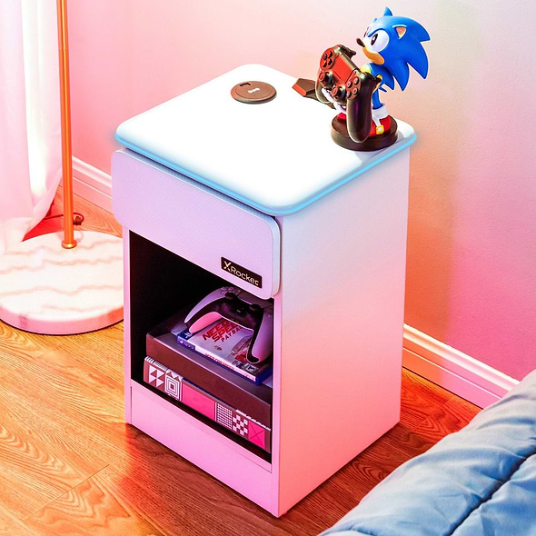 X Rocker Carbon-Tek Bedside Table with Wireless Charging and LED Lights - White
