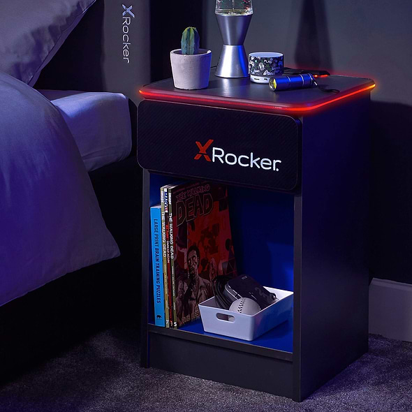 X Rocker Carbon-Tek Bedside Table with Wireless Charging and LED Lights - Grey / Blue