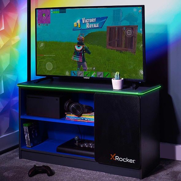 X Rocker Carbon-Tek TV Media Unit with LED Lights - Grey / Blue