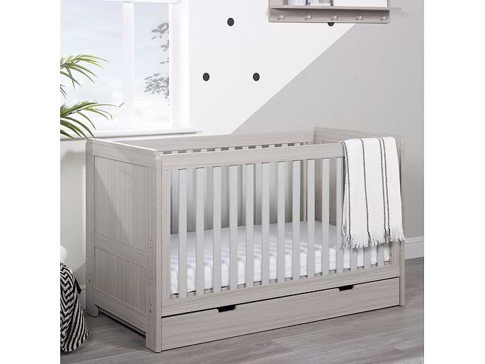 Ickle Bubba Pembrey Ash Grey Cot Bed and Under Drawer Ash Grey finish Modern style Under drawer on castors