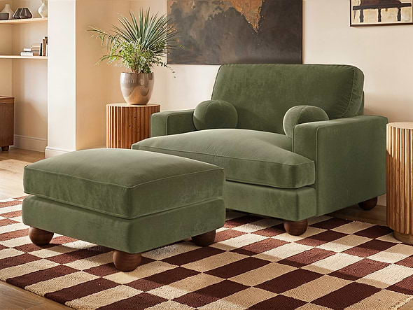 Solace+Co Addison Loveseat Footstool Bundle Khaki Green Velvet