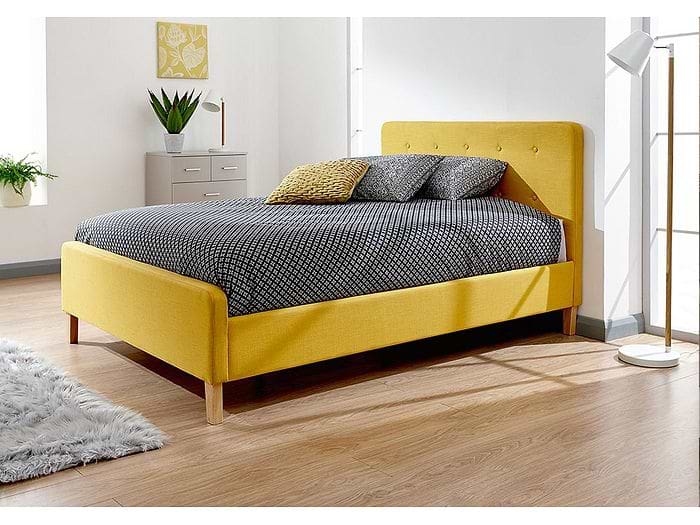 GFW Ashbourne Mustard Fabric Bed Frame Retro design vibrant mustard yellow hopsack buttoned headboard wooden legs