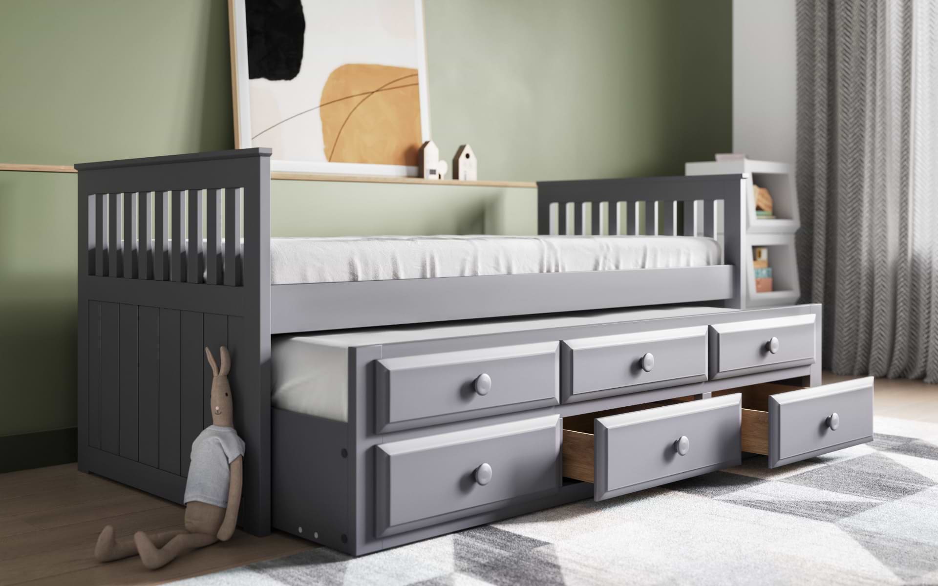 Single grey storage bed with 6 drawers