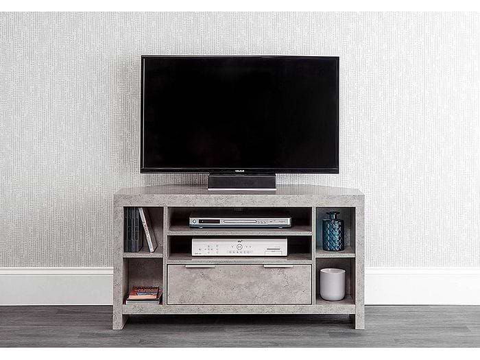 GFW Bloc Corner TV Unit Modern Minimalist design 4 small open compartments 1 drawer 2 open shelves concrete effect melamine finish