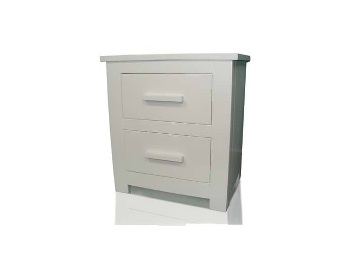 White bedside cabinet with two drawers. Sturdy hardwood construction by Flintshire Furniture