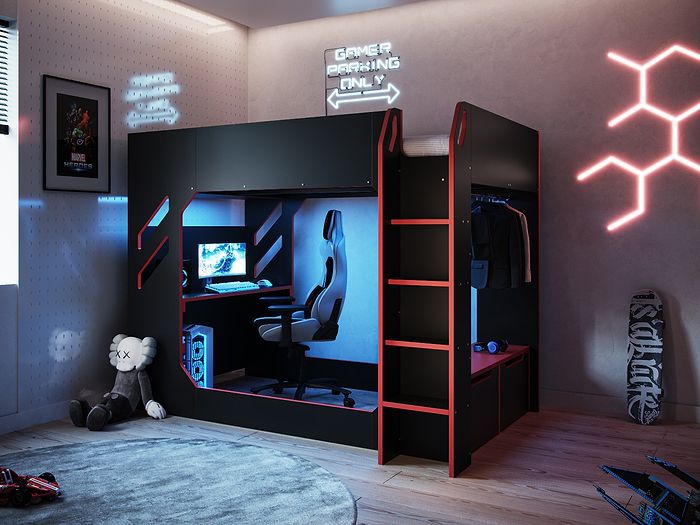 Recoil Shuttle High Sleeper Pod Bed Gaming Desk Bed with drawers and clothes hanging rail Black