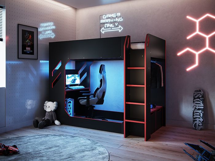 Recoil Shuttle High Sleeper Pod Bed Gaming Desk Bed with drawers and clothes hanging rail Black
