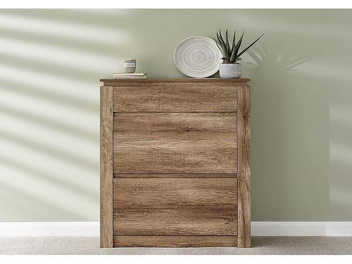GFW Canyon Oak Shoe Cabinet with two drop down drawers for 12 pairs of shoes and a drawer in a realistic oak effect finish