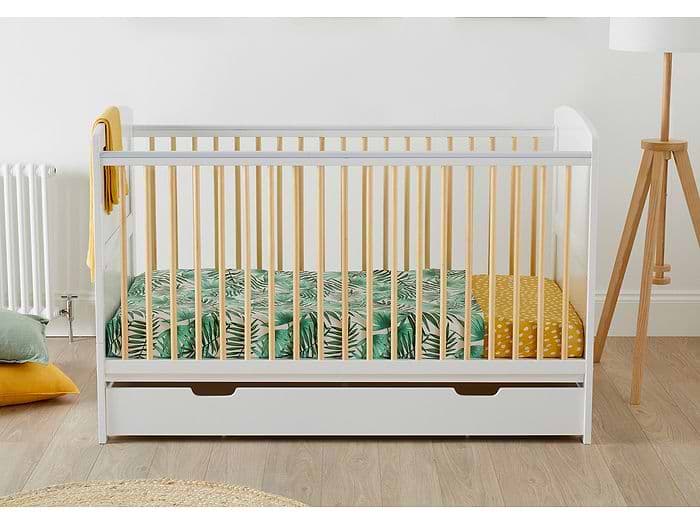 Classic style cot bed white and natural wood with drawer below by Ickle Bubba