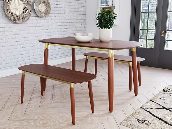 Flair Edelweiss Dining Table and Bench Set Walnut and Brass
