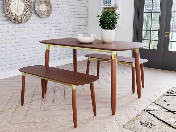 Flair Edelweiss Dining Table and Bench Set Walnut and Brass
