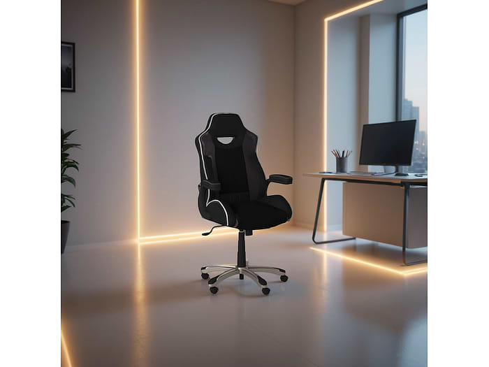 Black gaming racing chair with white trim in office space