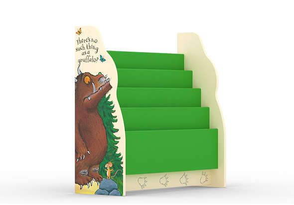 Children's brightly coloured Gruffalo themed sling bookcase. Images of the Gruffalo and mouse on the sides. 4 Bright green book sleeves