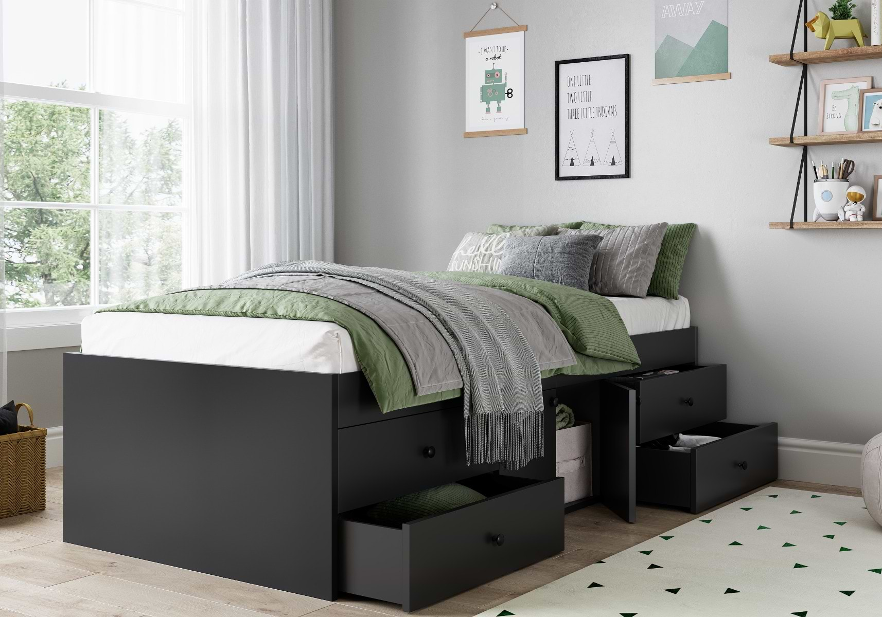 Black wooden single bed with storage drawers underneath