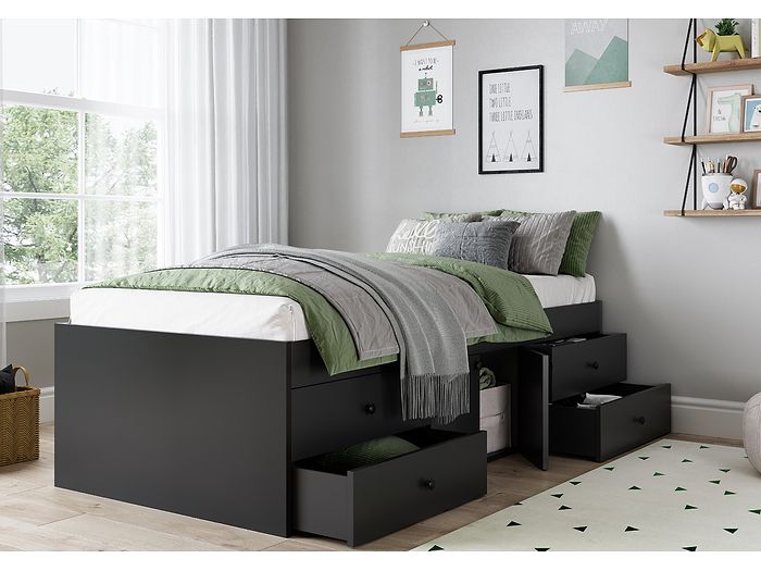 Kidsaw Low Single Storage Cabin Bed Modern design 4 drawers 1 cupboard black finish UK single size