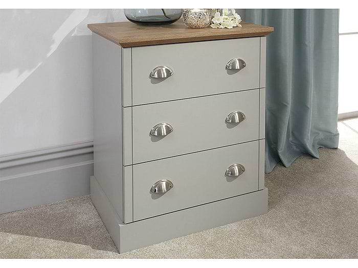 GFW Kendal 3 Drawer Chest traditional style with chrome cup handles and oak top available in grey or slate blue